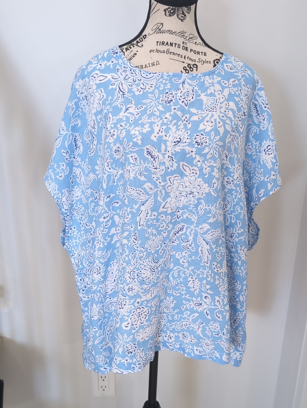 RACHEL ZOE | Women's Blue/Wht Floral Print Relaxed 100% Linen Short Sleeve Shirt
